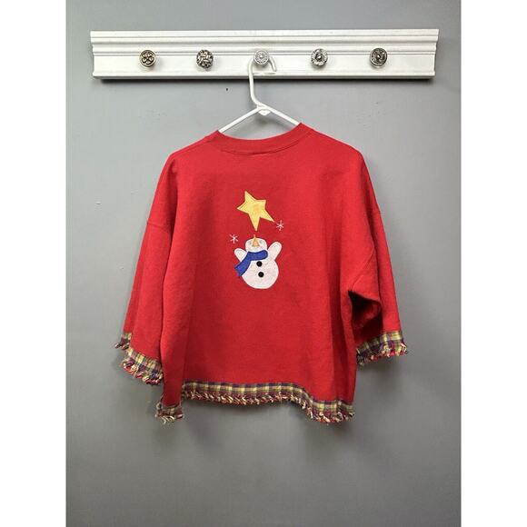 Vintage Snowman Sweatshirt Christmas Womens XL Red Stitched Hanes Plaid Trim - Picture 2 of 8